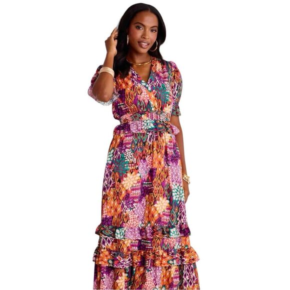 AVARA Boutique Mya Colorful Tribal Mix Print Maxi Dress Ruffle Puff Sleeve XXL - Picture 2 of 12